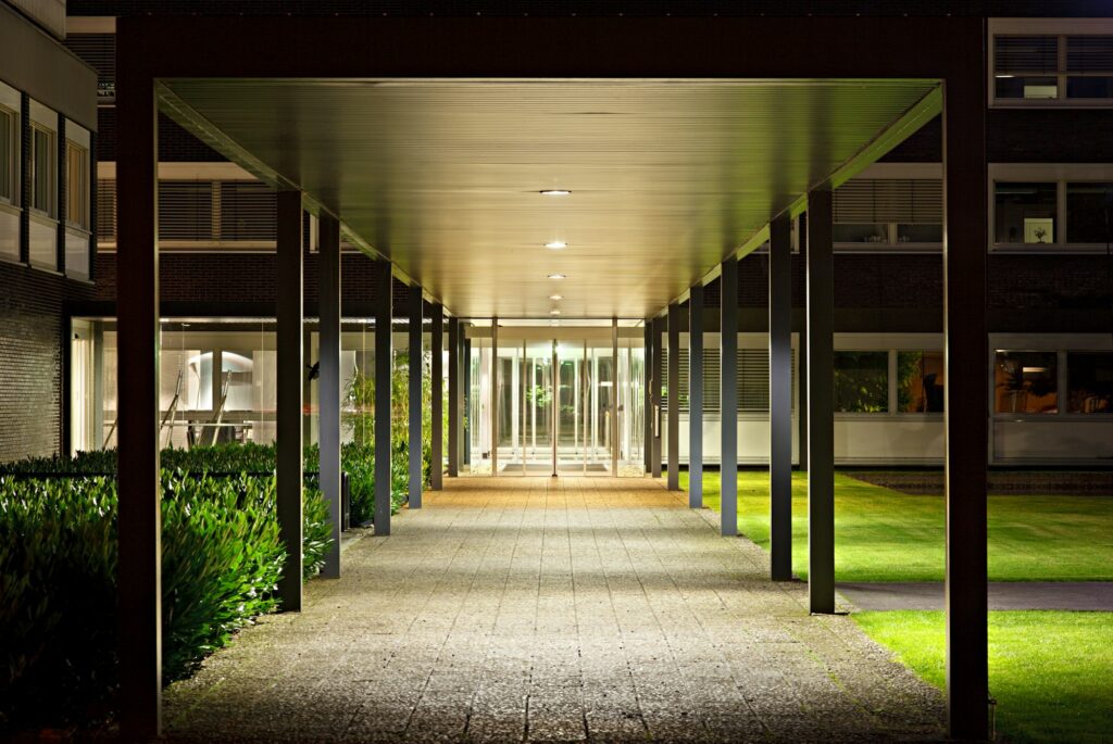 Roofed Office Building Entrance At Night