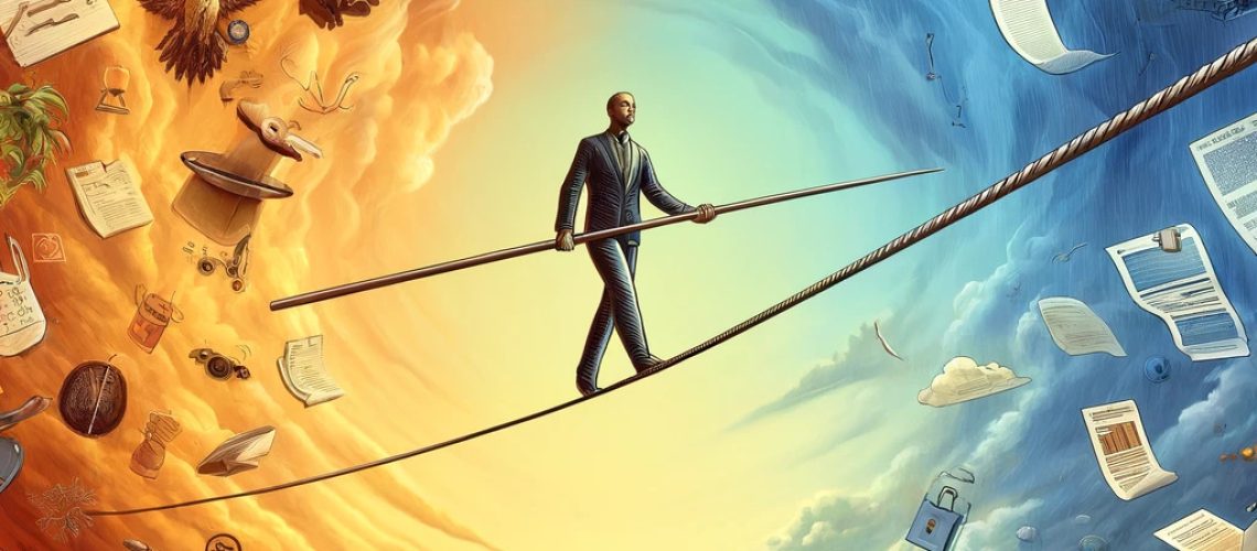 DALL·E 2024-04-01 15.00.48 - Depict the intricate balance involved in unraveling consistency and mastering expectations management. The image should show a tightrope walker, repre