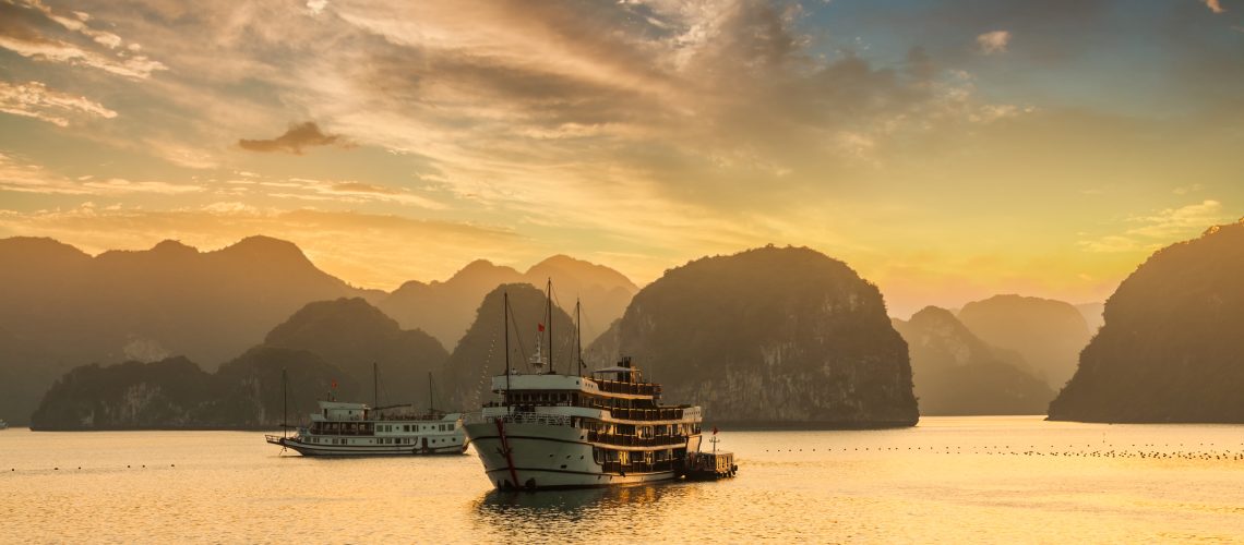 Sunset over the islands of Halong Bay in northern Vietnam.